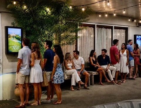 Guests beside a CDS display outside a restaurant at night