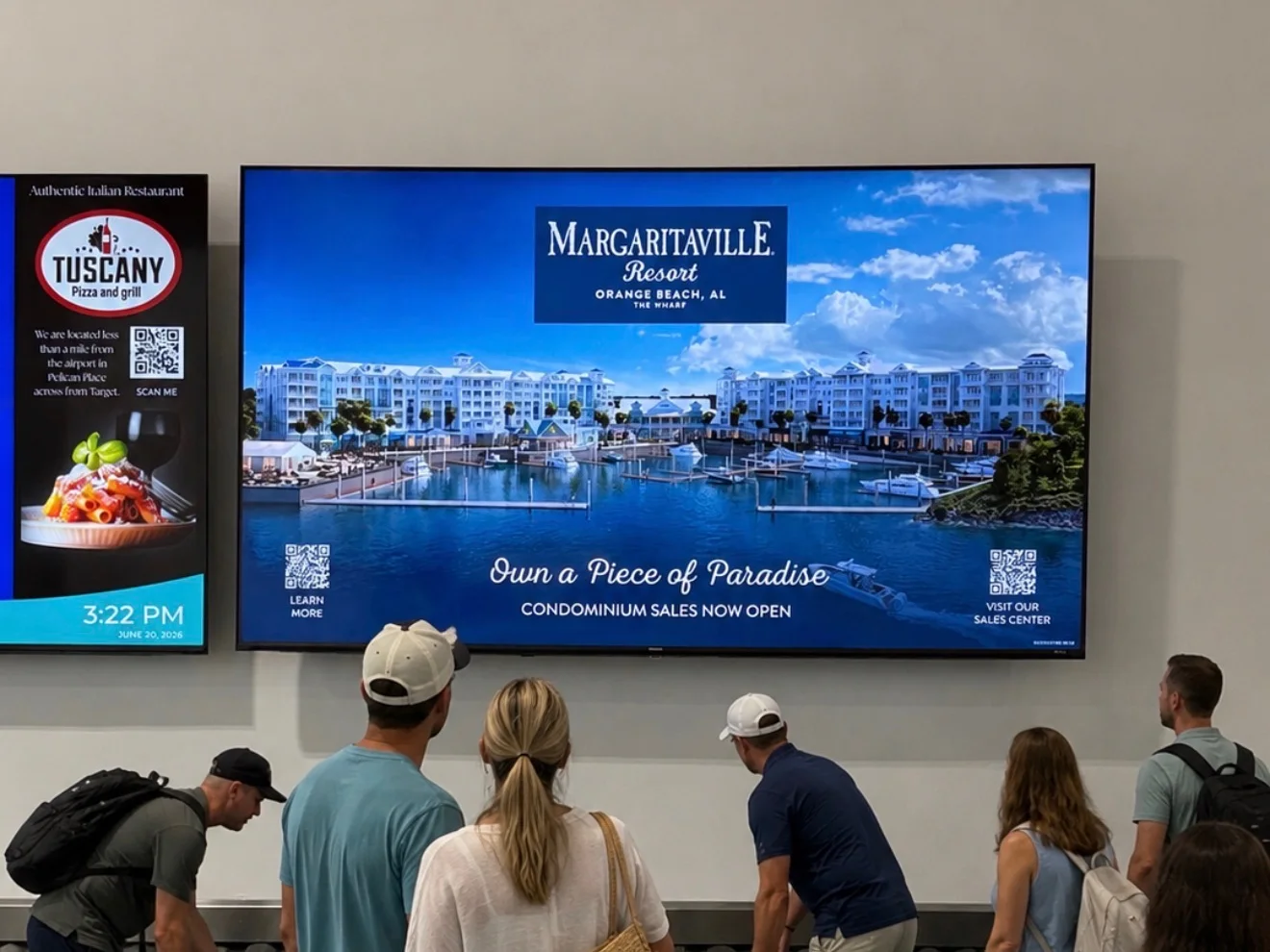 Travelers watching a digital display at Gulf Shores International Airport