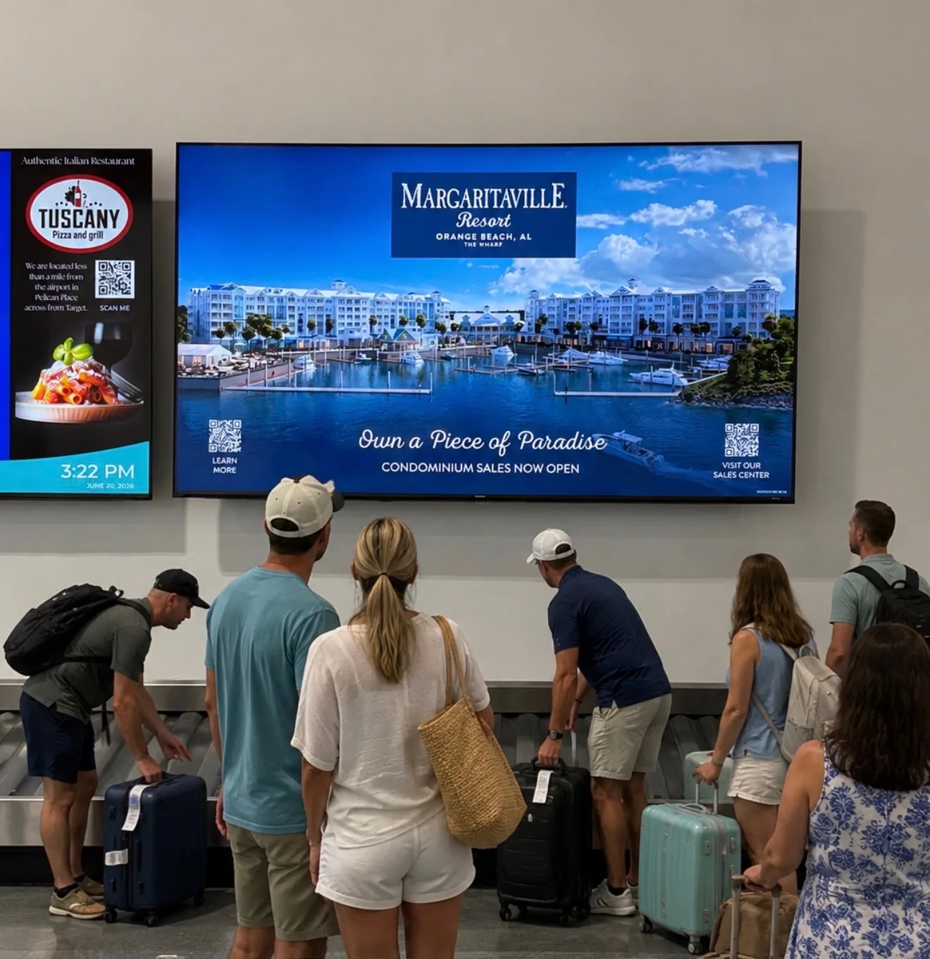 Travelers watching a display at baggage claim