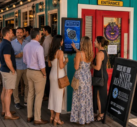 Guests gathered around an in-venue CDS display